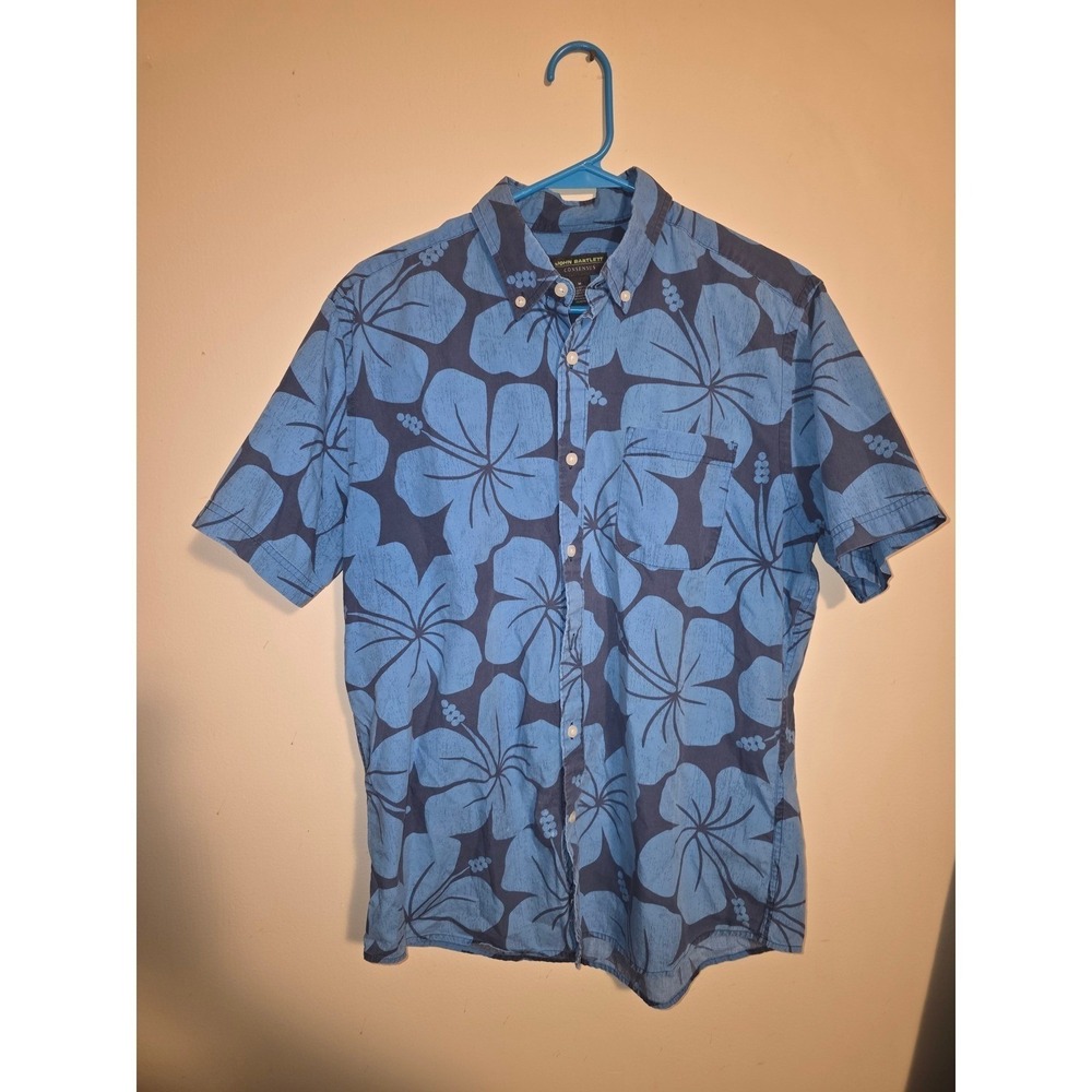 John Bartlett Consensus Mens Blue Hibiscus Floral Short Sleeve Button Down Shirt